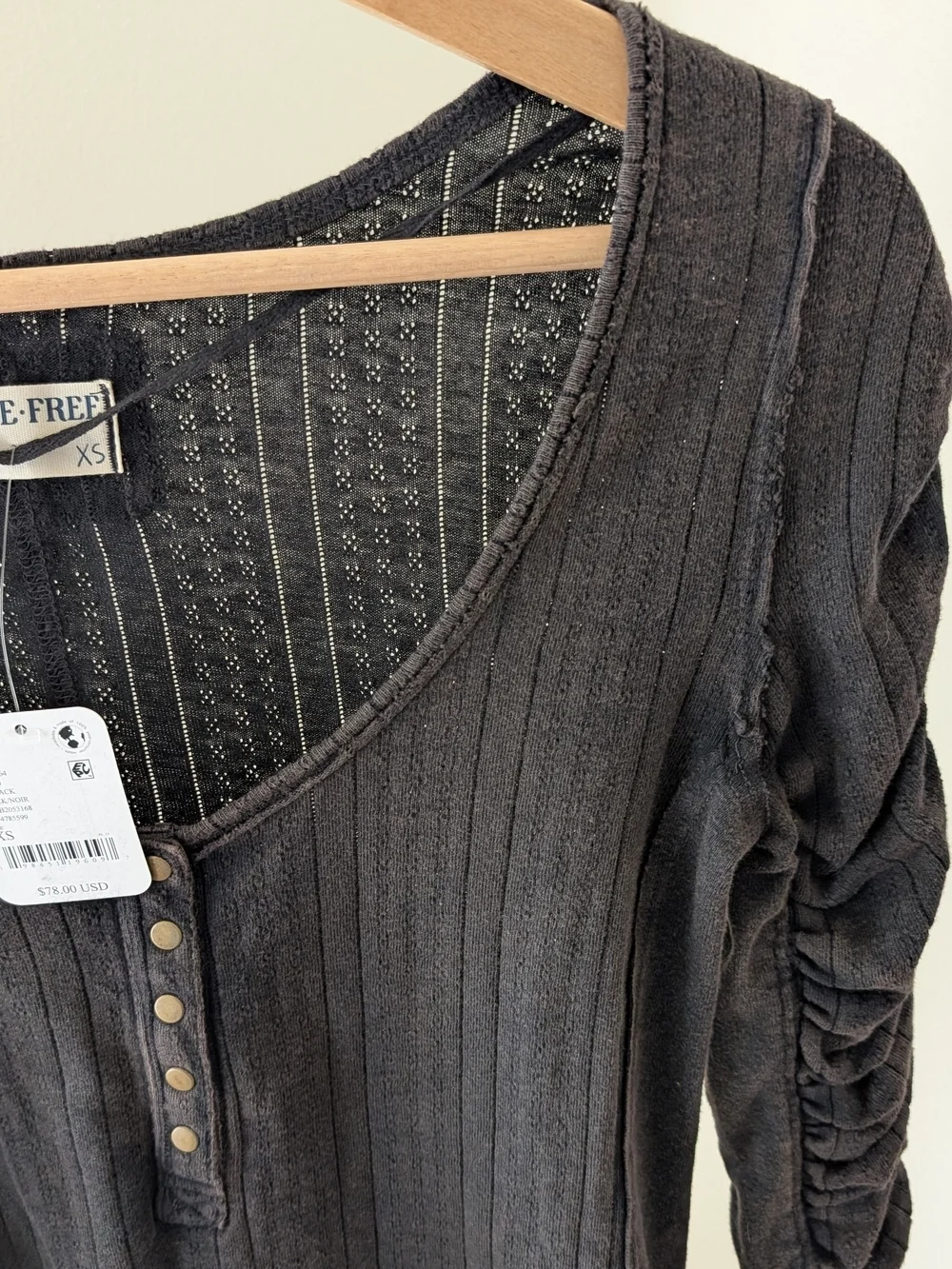 NWT Free People Ruched Sleeve Pointelle Henley Top In Washed Black - XS